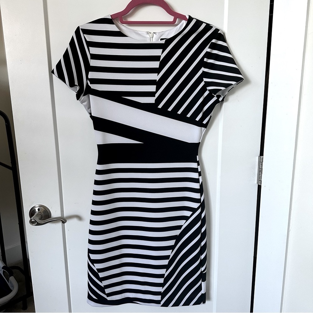 ANTHROPOLOGIE Wavelength Dress by Marc Bouwer Black & White Stripes Bodycon NEW